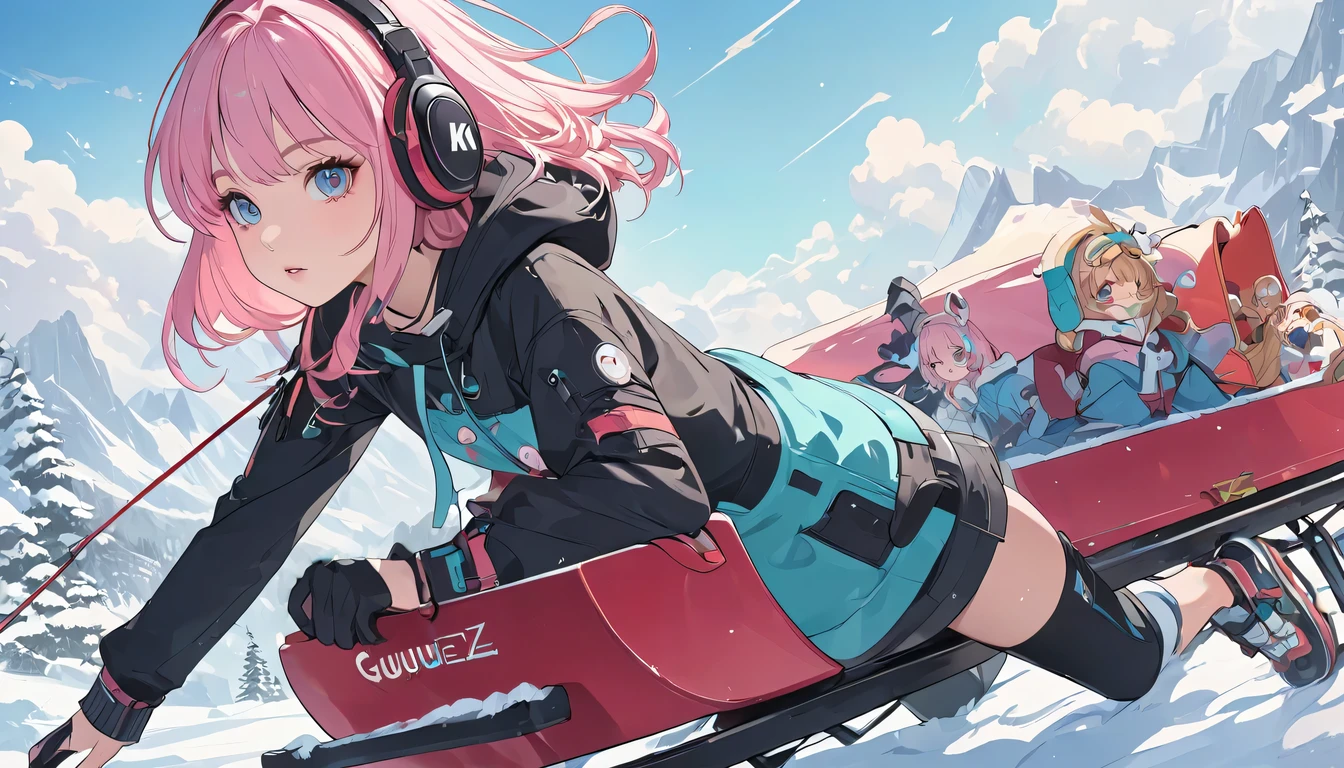 anime girl with pink hair wearing headphones and looking at a sled, anime styling 4 k, non-style artwork by guweiz, 8K anime art wallpaper, 4k anime art wallpaper, 4K anime art wallpaper, lofi portoRait, lofi girl, anime styling. 8k, melhor anime wallpaper 4k konachan, anime wallpaper 4k