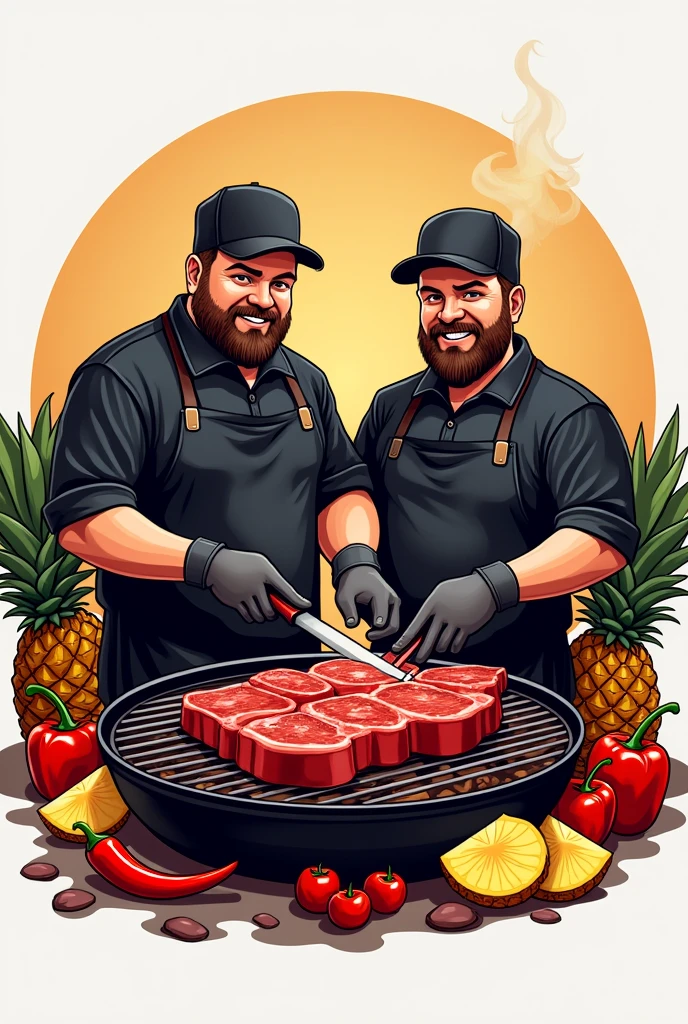 Create a professional logo , with barbecue theme on the grill , special roast meat cuts , two people , de avental preto , gloves and caps , two brothers in drawing , one of the two chubby brothers , a little less realistic , feed the barbecue , and put pineapple and peppers