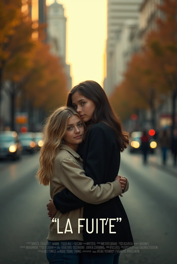 Fais moi une affiche de film avec un titre en bas qui est écris "la fuite". Et sur l'affiche de film deux adolescentes en jupe une blonde et une brune qui se font un câlin devant un grand boulevard. 