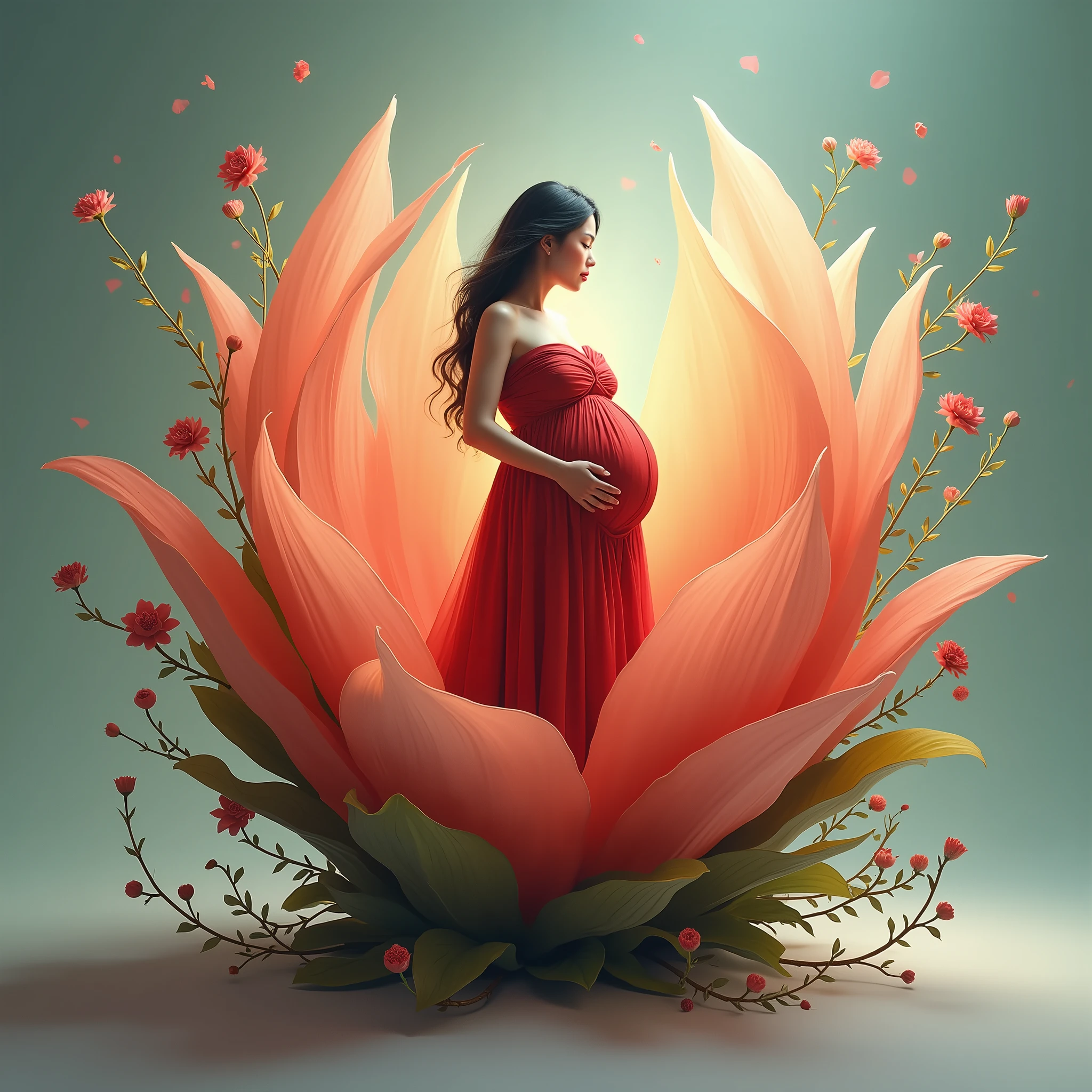 pregnant woman in red dress standing in a large flower, digital art inspired by Igor Kieryluk, trending on cg society, digital art, maternal photography 4 k, perky woman made of petals, pregnant belly, stunning elegant pose, flower goddess, lady with glowing flowers dress, maternity feeling, dressed in a flower dress, photo manipulation, beautiful and graceful, pregnant, leaf flowing in air