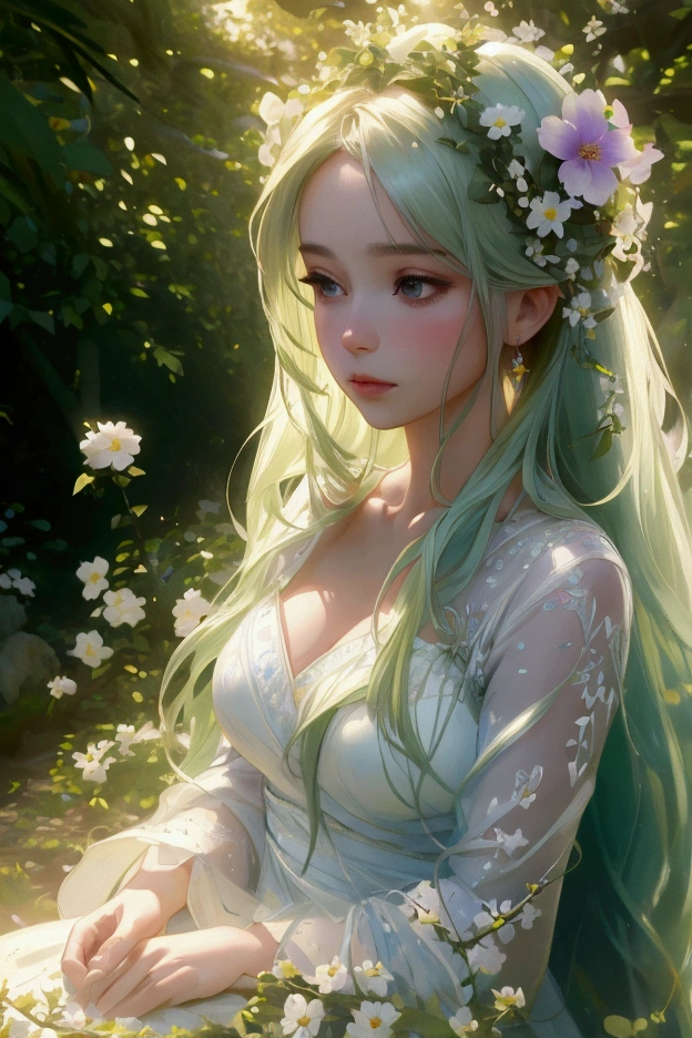 a beautiful girl in a lush garden, long flowing hair, delicate features, serene expression, wearing a flowing white dress, surrounded by colorful flowers and greenery, ethereal and dreamlike atmosphere, sunlight filtering through the trees, (best quality,8k,highres,masterpiece:1.2),ultra-detailed,(realistic,photorealistic,photo-realistic:1.37),cinematic lighting,vibrant colors,intricate details,classical portrait
