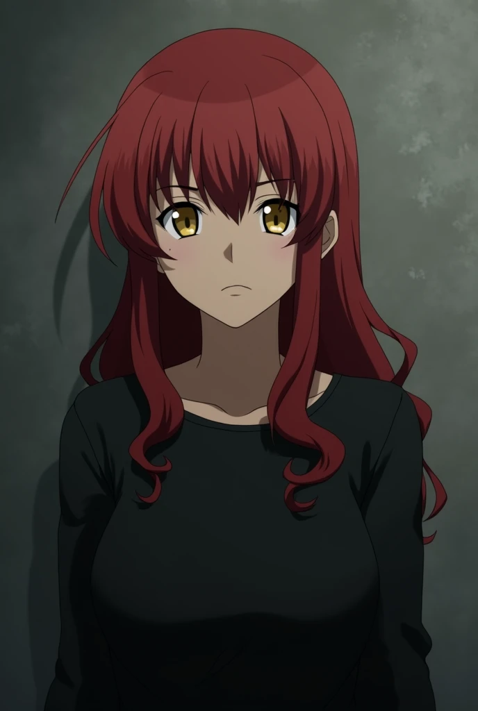 Screenshot, hxh anime style, A woman, medium height, gold eyes, Red hair, long loose, side bangs, serious face, comfortable black clothes, in front of a grey wall, low light