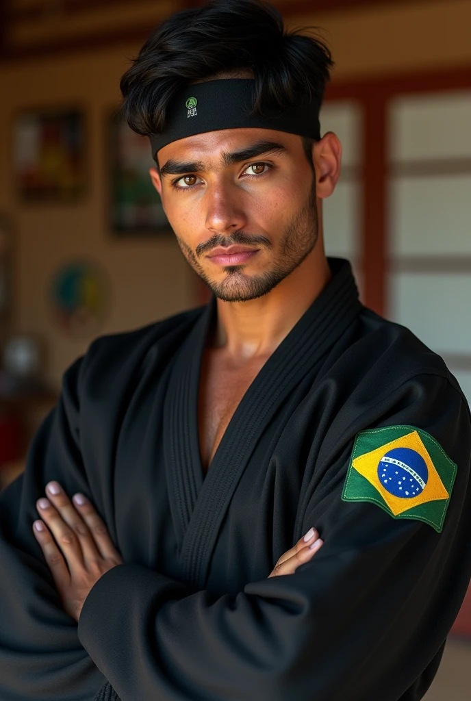 **Features for AI to generate a photo:**


(real-life)
 aged 21, short black hair, he is very handsome, wearing a black Cobra Kai kimono and a black band on the forehead on the shoulder part of the kimono has a flag of 🇧🇷. he's brunette, and he is Brazilian 🇧🇷, has brown eyes. The background is a karate environment, like a dojo with tatami mats and traditional decor.

