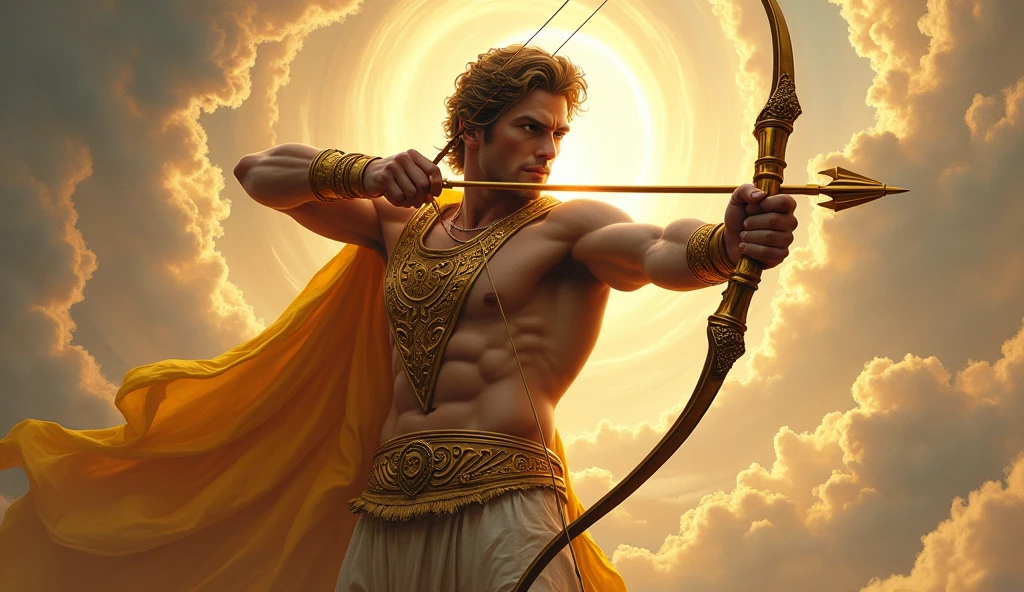 Apollo shooting with a golden bow aiming at whoever observes the image, facing it head on as if he were looking at whoever is looking at the image in which he is
