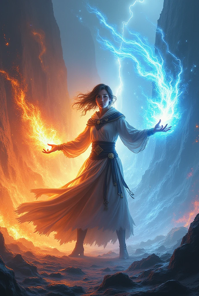 Teenage fire and ice mage in battle