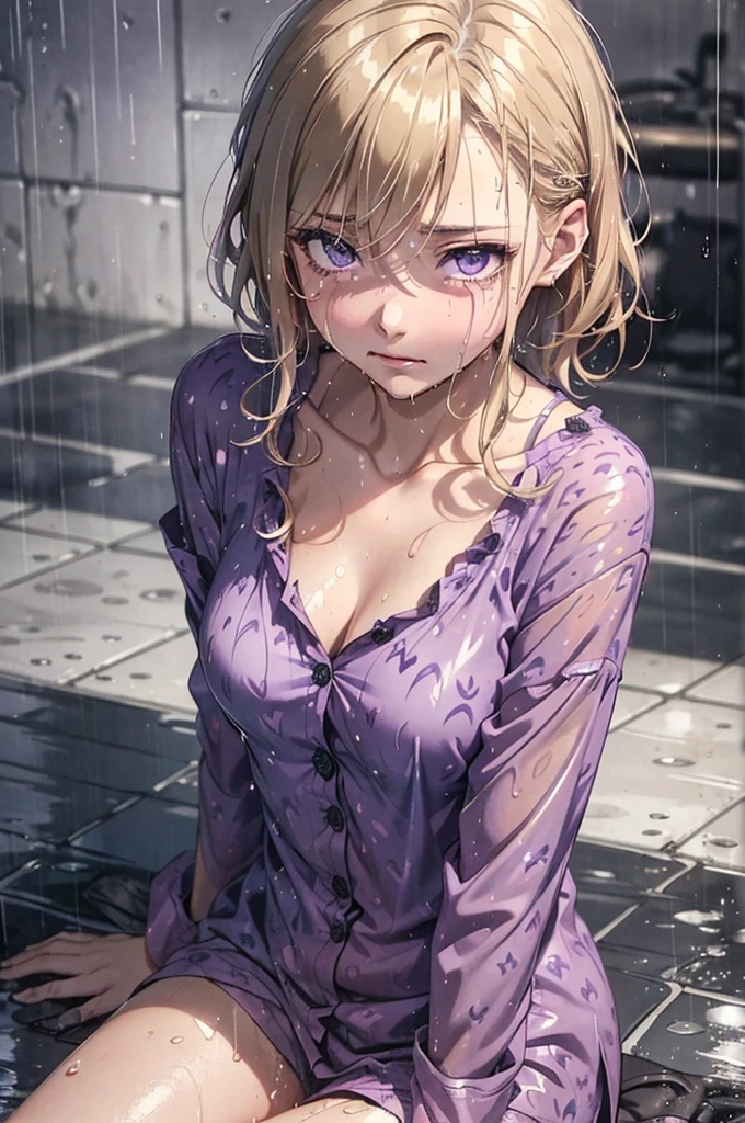 ((amazing purple eyes)), ((absolutely soaking wet, drenched, wet through)), wearing nothing but her buttoned pyjama shirt, patterned shirt, soaking wet, heavy rainfall, caramel-blonde hair, gorgeous amazing eyes, depressed purple eyes, crying, sad, very dark, nighttime, short hair, Patterned pyjamas, ((amazing detailed, amazing fabric detail)), Tint breasts, sitting on the ground, sitting on the floor, small breasts, no bottoms, wearing only her shirt, depressed, crying, cute, tiny breasts small chest, dark teal pyjama shirt, heavy rain, (soaking wet hair), Short pyjama top,