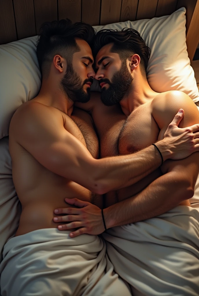 two muscular men, stocky, velludos, manly, hairy and attractive in underwear and barefoot, sleeping together in a bed, hugging and snuggling