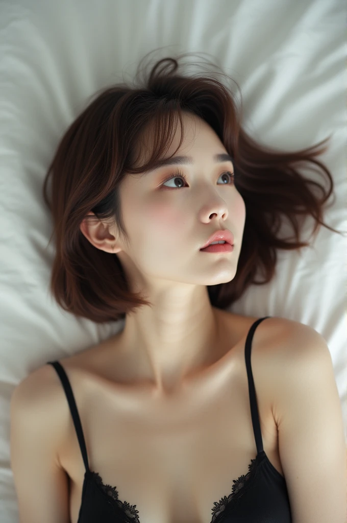 Beautiful middle-aged Japanese woman、Full Body Shot、Brown bob hair、Lying down、White and beautiful skin、the background is a simple white bed、look up、Nipples、Big Breasts、Perfect Fingers、Black underwear、Medium build
