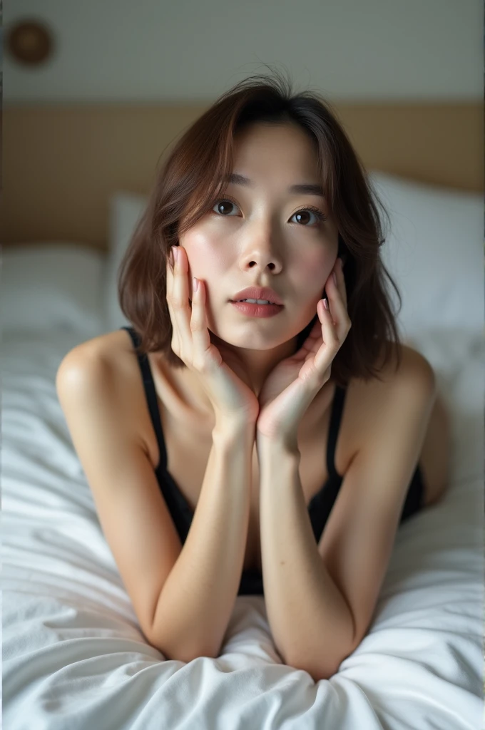 Beautiful middle-aged Japanese woman、Full Body Shot、Brown bob hair、Lying down、White and beautiful skin、the background is a simple white bed、look up、Nipples、Big Breasts、Perfect Fingers、Black underwear、Medium build