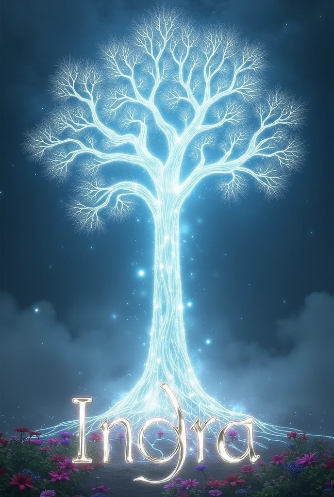 tree of white light with bright flowers on the sides, near the roots in the center the word "indra" is written with luminous and sinuous letters