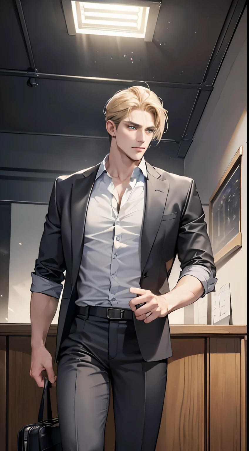 (best quality, masterpiece, 8K, photorealistic, cinematic lighting, hdr image, ultra detailed, beautiful image), 1 man, 3, mature man, very handsome, (without expression, serious), short golden hair, blue grey eyes ( penetrating gaze), perfect face without errors, imposing posture, without errors, businessman, office background