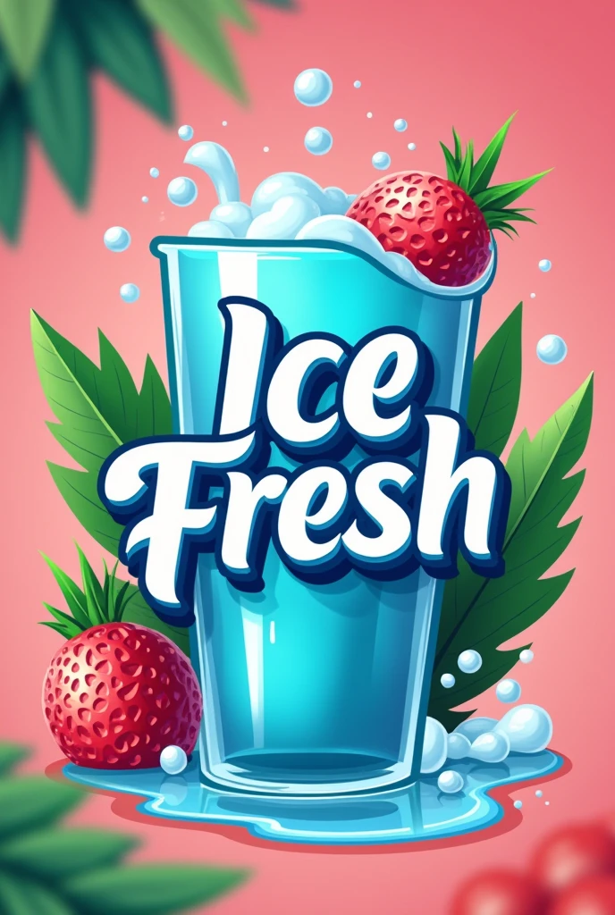 logo for refreshing drinks,carbonated with the name ice fresh ,with summer colors pink and green