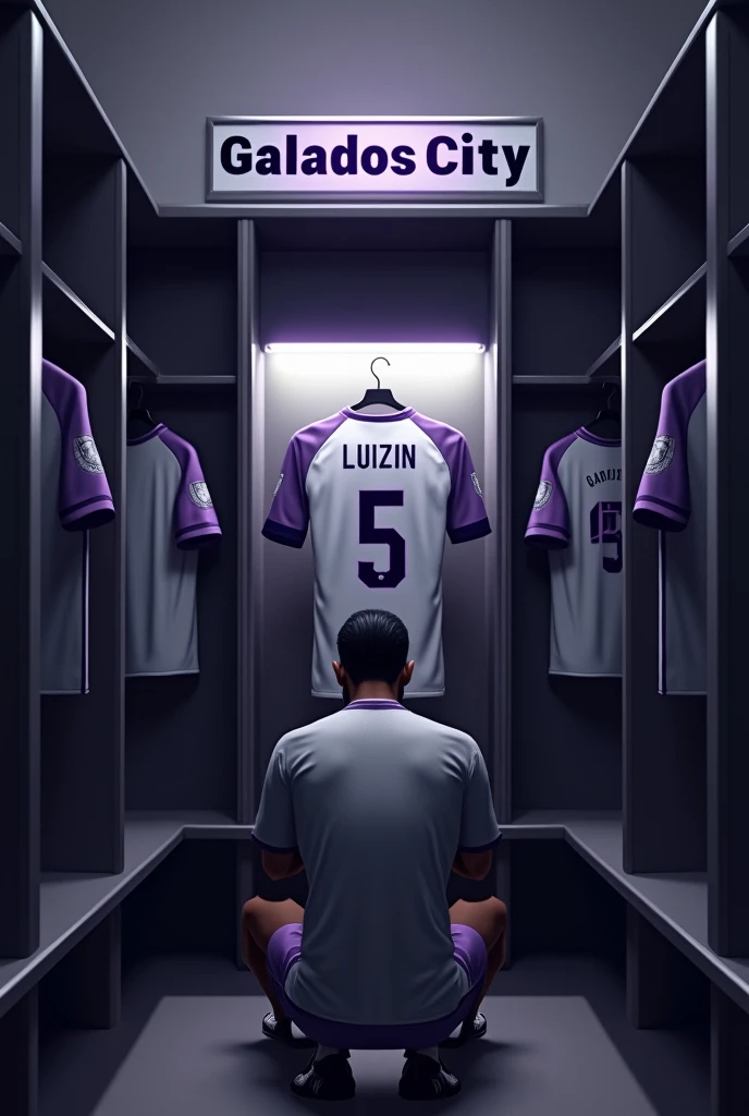 football locker room with a football player's cabin in this cabin there will be a white shirt with purple details (minimalists) on the collar and at the tip of the sleeve the shirt must be showing the back with the name LUIZIN highlighted and the shirt number must be number 5, the cabin at the top must contain the name of the club which is GALADOS CITY, all ambient light must be off, only the light of the sign with the name GALADOS CITY and a low light above the shirt indicating prominence must be on, and other shirts on the side.The image should be centered and not too far away) and the player with slightly dark skin, short straight black hair and a beard showing that he cares about the current fashion style must be wearing pre-game clothes different from the shirt that is hanging in the locker room, the one he is wearing is gray with purple details on the sleeve and collar of the shirt and on the shorts, the player in the image must be on his knees with his head down (indicating pre-game concentration)