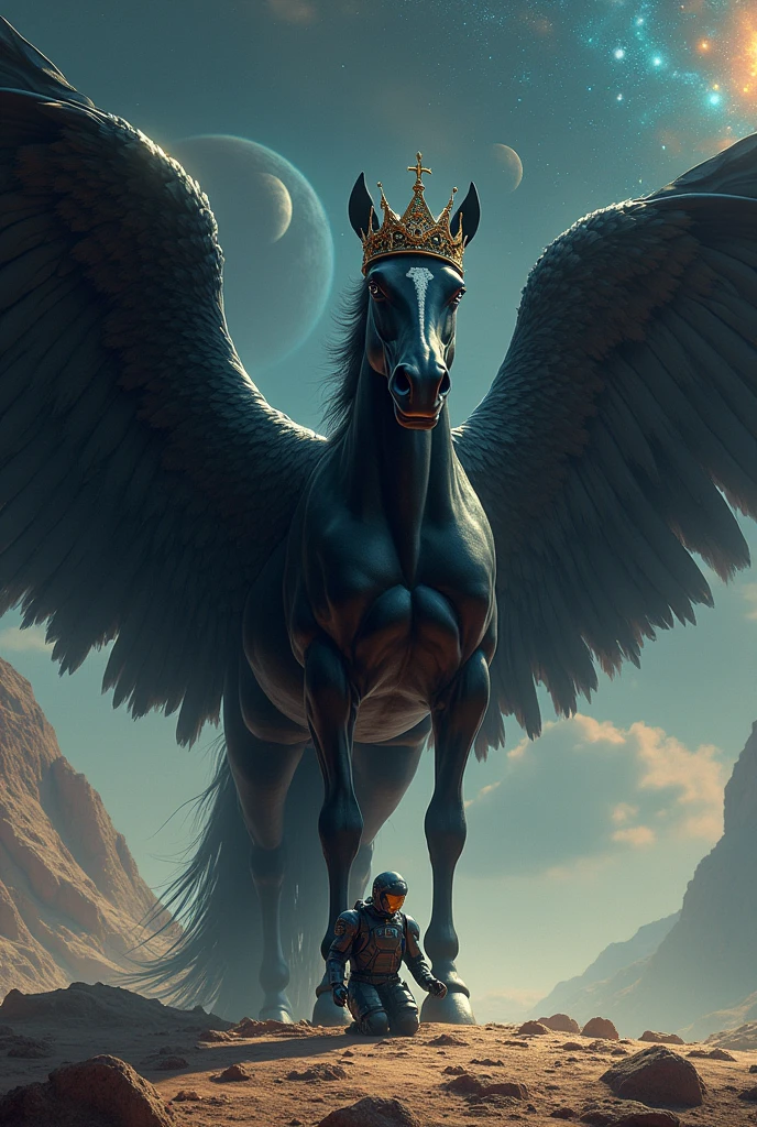 A black horse wearing a crown on his head and spreading his wings, placing the spaceman and eating from the ground under his wings
