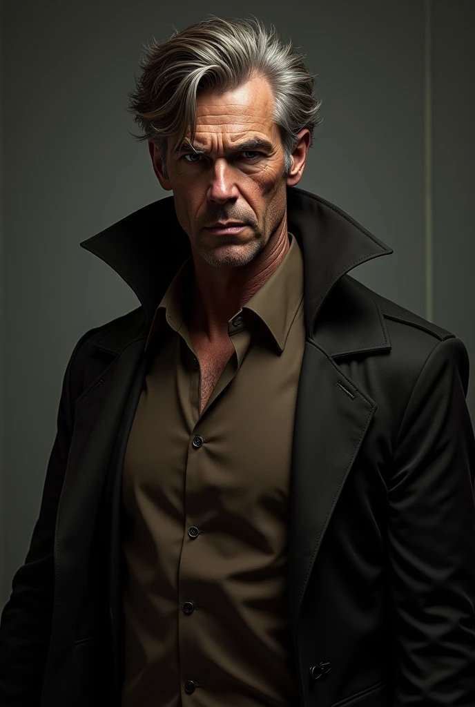 Um homem de meia idade, brown hair with white highlights, serious face, brown blouse, villain cape on the back, boot, concept art