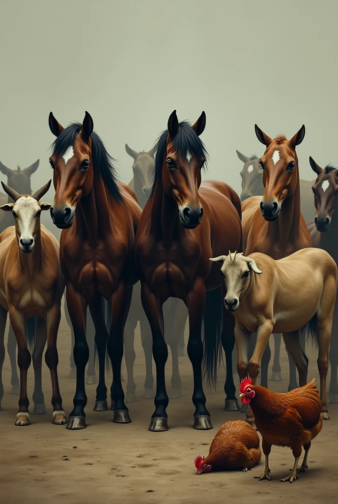 animals, horses, goats, Burros, sad and resigned hens