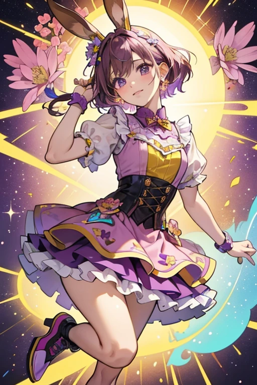 Bashy is a brown bunny with brown ears and purple hair.
She has a yellow top with a flower design. Her skirt is light pink and covered in multi-colored flowers.
She comes with blue glasses and a purple rollerskates. SPARKLE; GLITTER
