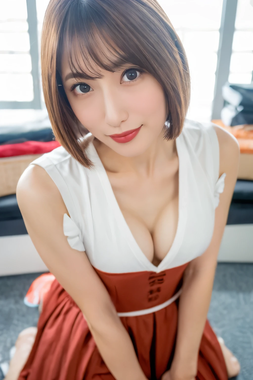 Masterpiece, photogravure, highest quality, clear contours, (One Girl, alone), Japanese woman, 30 years old, lipstick, cute face, detailed face, beautiful eyes, detailed eyes, focus on the eyes, bob hair, Anatomically correct body structure, wearing body-fitting costumes, getting on all fours, lifting butts, shot from the front