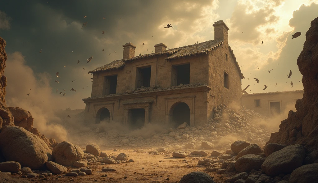A dramatic biblical scene depicting a large, ancient house in the process of collapsing under the force of a powerful windstorm. The wind, dark and swirling, is shown tearing through the structure, with debris, wooden beams, and stones flying through the air. Inside, remnants of a banquet are visible—a table overturned, food and dishes scattered—symbolizing the lives lost in the disaster. The sky above is dark and ominous, with dust and clouds swirling violently, emphasizing the destructive power of the wind as described in the story of Job.