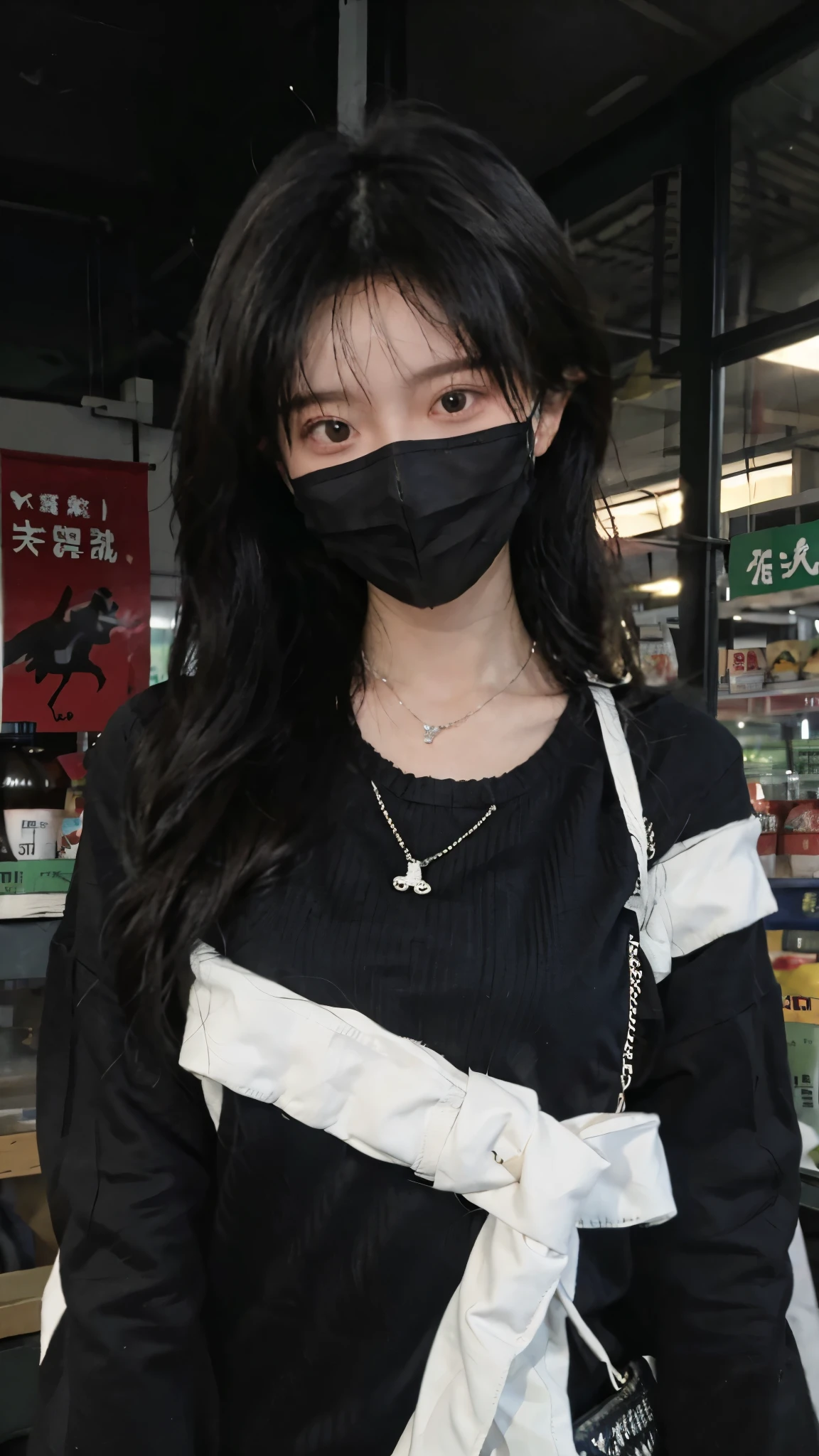 黑色wear mask，Best quality，黑色wear mask，Ultra-high resolution，(Reality:1.4)，（黑色wear mask:1.4），Cute hairpins，girll，Cropped black sweater，wear mask，Look directly at the audience，Full of atmosphere，Beautiful woman with a slim figure:1.4，黑色wear mask，supermarket，whole body，Super delicate face，Exquisite eyes，Double eyelids，necklace，黑色wear mask，