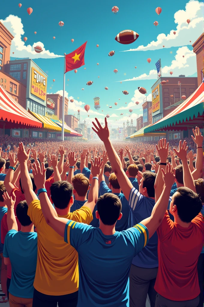 NFL poster of fans celebrating at a funfest, with people in uniform, featured colors.