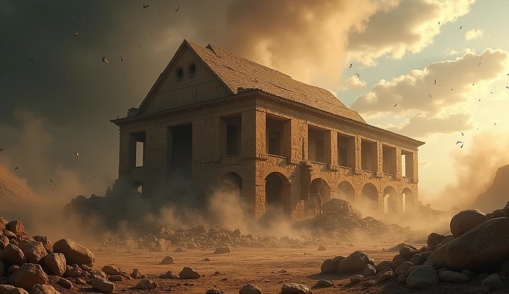 A dramatic biblical scene depicting a large, ancient house in the process of collapsing under the force of a powerful windstorm. The wind, dark and swirling, is shown tearing through the structure, with debris, wooden beams, and stones flying through the air. Inside, remnants of a banquet are visible—a table overturned, food and dishes scattered—symbolizing the lives lost in the disaster. The sky above is dark and ominous, with dust and clouds swirling violently, emphasizing the destructive power of the wind as described in the story of Job.