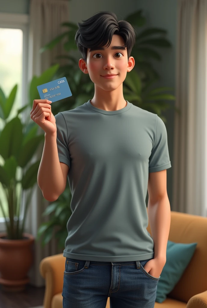 (photorealism:1.2), man, standing on livingroom, no windows, showing a credit card on right hand, at shoulder level, wearing tshirt, jeans pants, black hair, indoors, plants in background, relaxed pose, realistic, intricate details