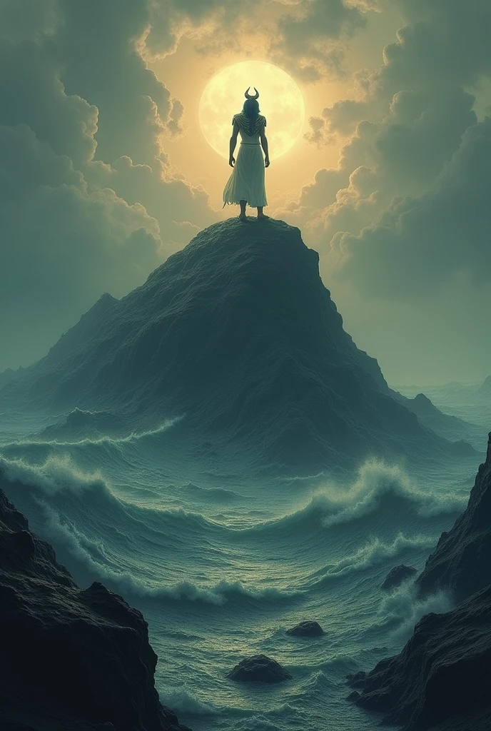 A chaotic landscape with turbulent waters and a lone figure standing atop a primordial hill. The god Atum, an imposing figure with Egyptian features, is contemplating the emptiness around him.