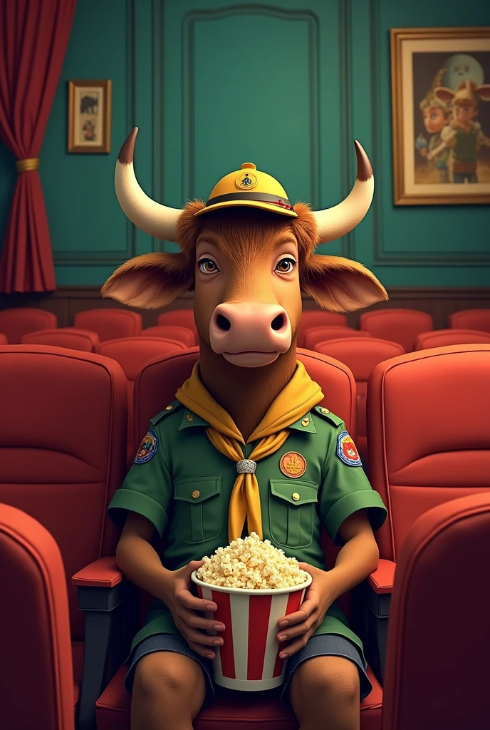 Drawing of a bull with a scout hat and green scout uniform watching a movie in a cinema