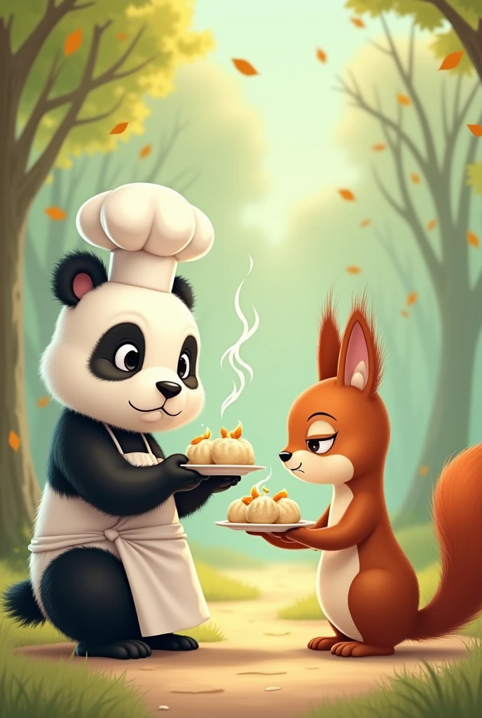 Panda trying to melting the anger of squirrel or trying to calm down squirrel by his activities and by holding a plate of hot tasty momos and the squirrel is looking another side in angry mood and dress panda as cheef 👨🏻🍳