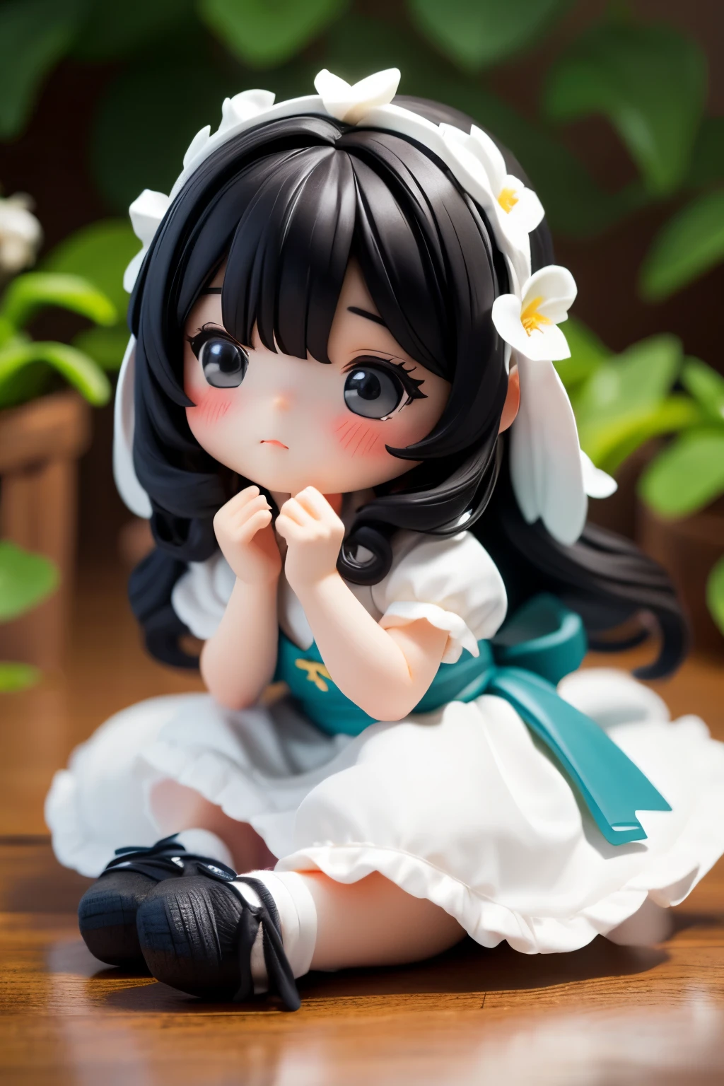 Photorealistic、（Black Hair、sleepy、Mouth slightly open、hair ornaments、Sitting、Cute Shoes）、Lily of the valley hill、night
