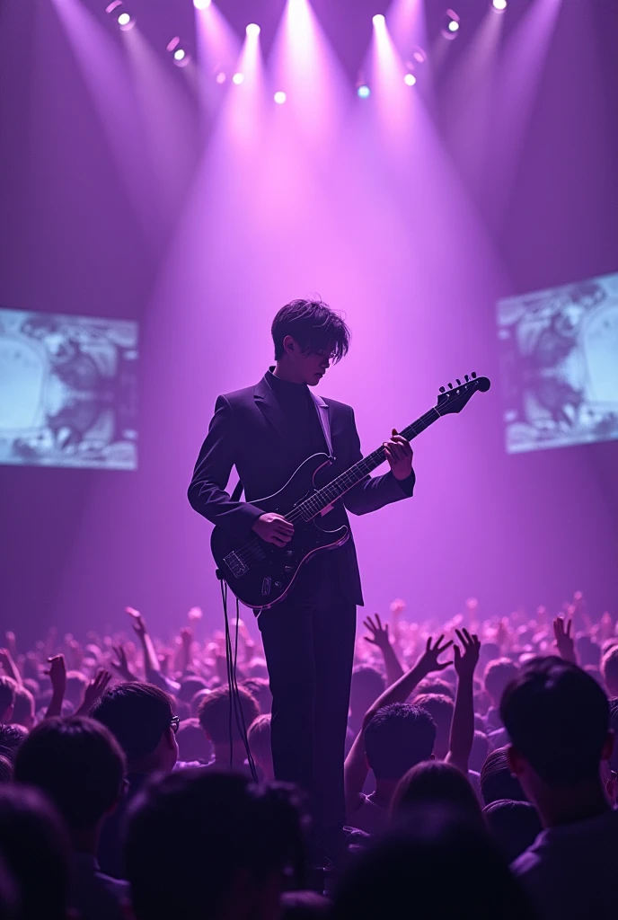 BTS&#39;s Suga with a guitar on stage with people all in purple
