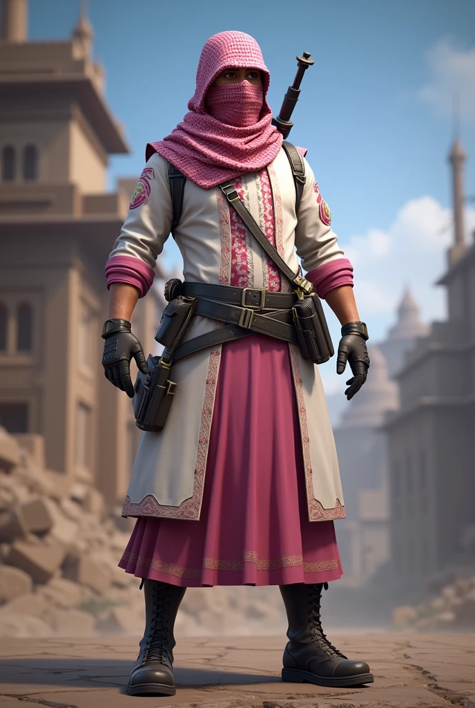 I need a dress design for the player in ramadan theme for pubg mobile game Let the player&#39;s face be visible and keffiyeh on the head and I need this picture in full position be more combative for boys more for the game For a bit of play, let the color of the doublet be white and pink