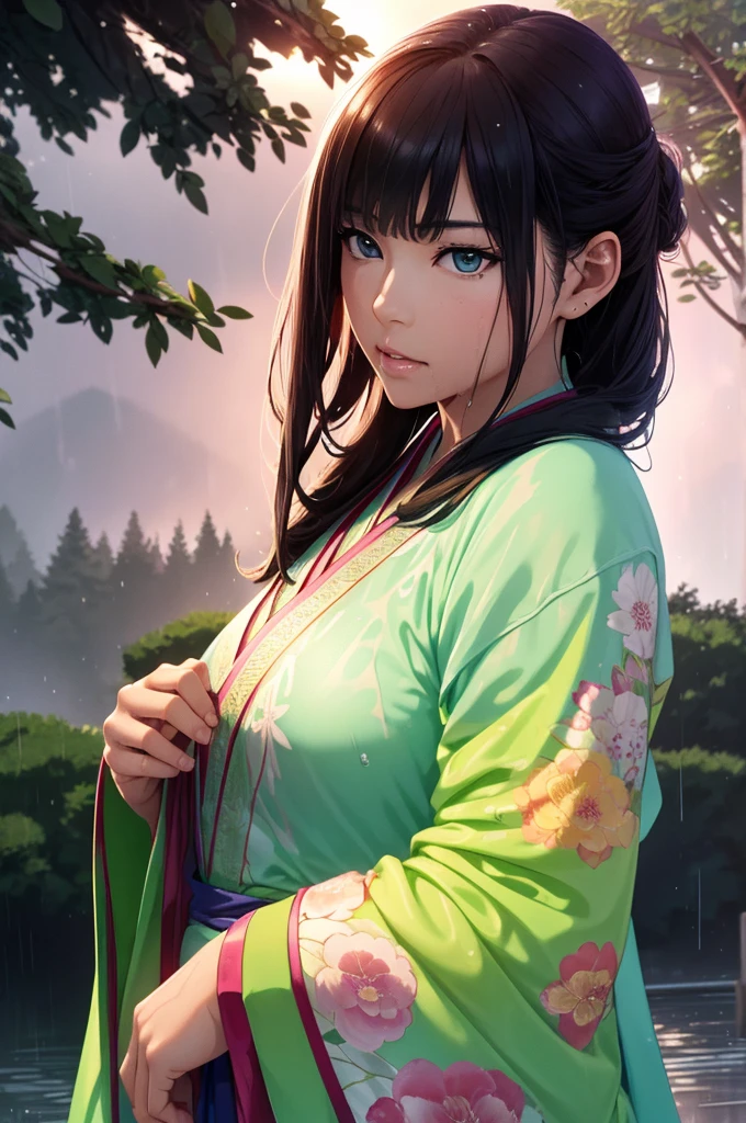 Heavy rain background、Field、in the forest、Walking in the river、On the run、In the fog、war (Highest quality,4K,8k,High resolution,masterpiece:1.2), Very detailed, (Realistic,Realistic,Realistic:1.37), High resolution, Hyper HD, Studio Lighting, Ultra-fine painting, Sharp focus, Physically Based Rendering, Very detailed説明, Professional, Vibrant colors, Bokeh, Sports Late Night, Ancient War Landscapes, Traditional Chinese Painting Techniques, Atmospheric lighting, Vivid color contrast, Ethereal atmosphere,Very detailed目と顔, Beautiful attention to detail, Light on the face,豪華なHanfu (Hanfu: 1.1),My whole body is wet、My clothes are wet and transparent、Nipples are visible、The nipples are pale pink、Dynamic pose、Rain clouds spreading across the sky、Heavy rain weather、Pouring rain、Wind and rain storm、((Soaked skin from head to toe))、((Rain-soaked clothes(Rain dripping from clothes))、((The lines of your body are clearly visible through your wet clothes...))、、Green Eyes、Tired look、Disheveled clothing、Slim figure、Small breasts