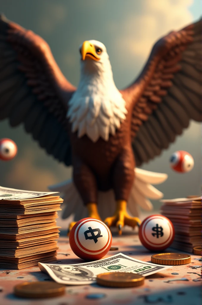 Money and banknotes, raffle balls and eagles