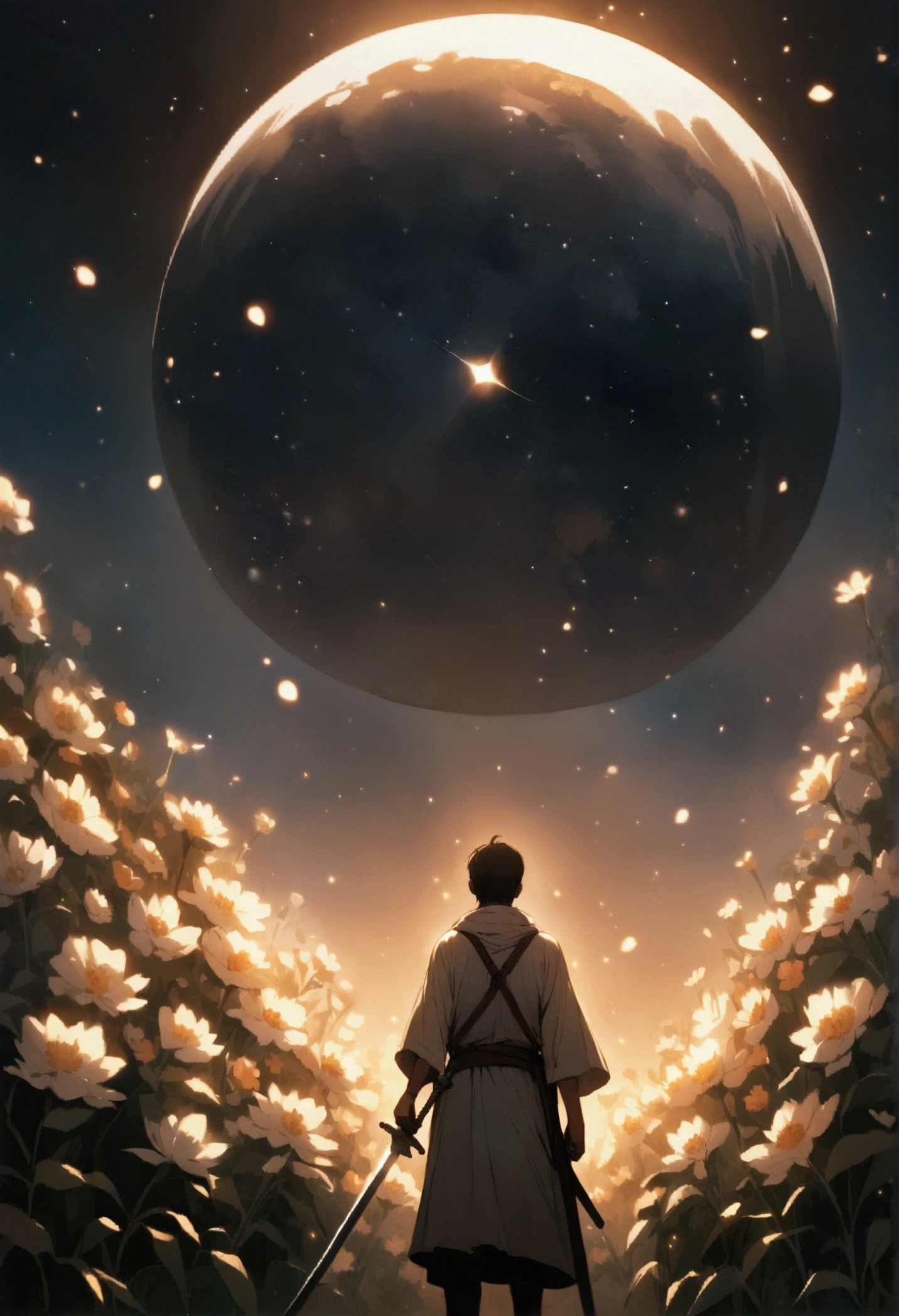 swordsman in a place full of flowers reflecting watching the sky