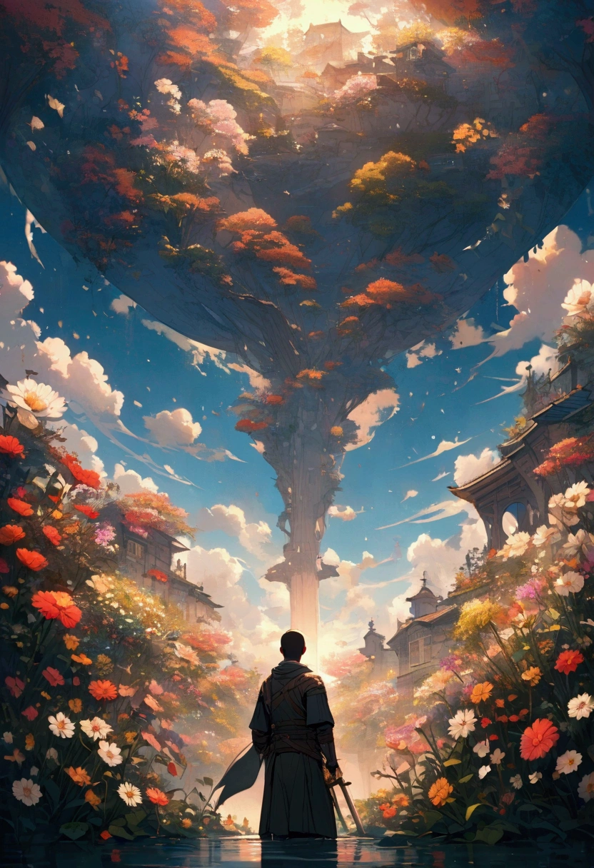 swordsman in a place full of flowers reflecting watching the sky