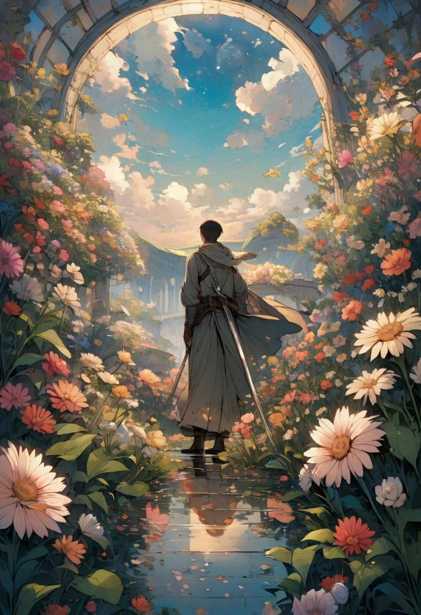 swordsman in a place full of flowers reflecting watching the sky