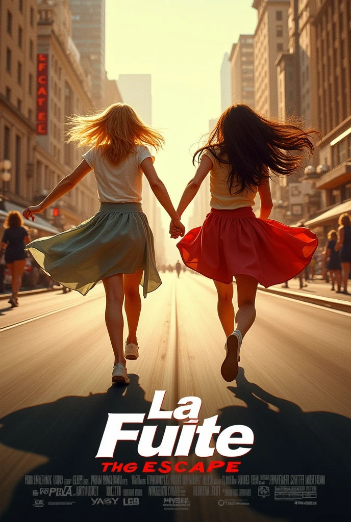 Fais moi une affiche de film avec un titre en bas qui est écris "la fuite". Et sur l'affiche de film deux adolescentes en jupe une blonde et une brune qui court en se tenant la main dans un grand boulevard.