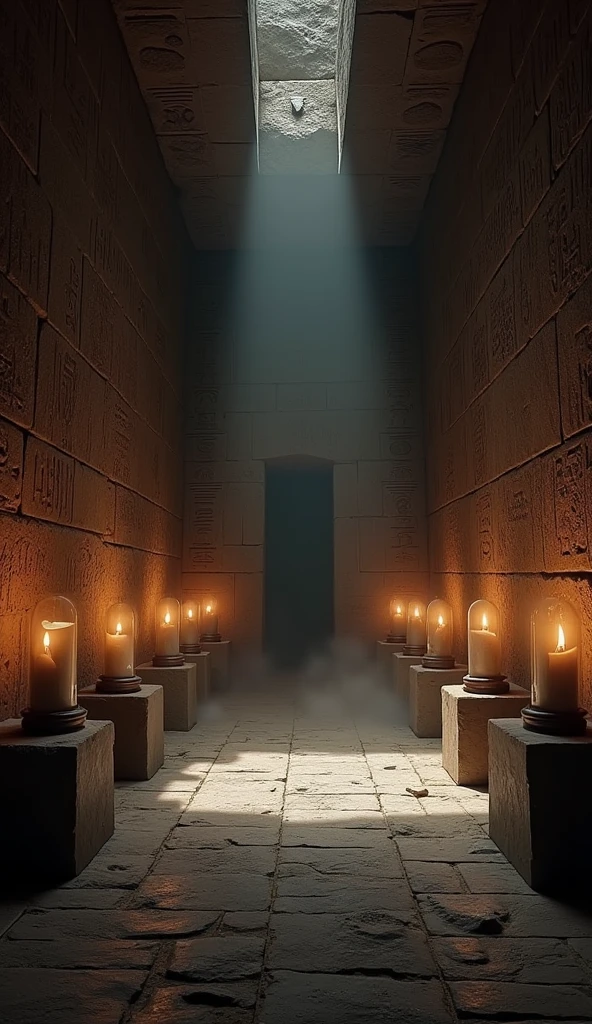 Close-up shot, Low angle shot, (A dimly lit chamber with ancient Egyptian hieroglyphics etched into the stone walls. Flickering candlelight casts eerie shadows, creating a mystical atmosphere. A faint mist hovers near the floor, adding an otherworldly feel. The room is filled with the aura of ancient secrets) unreal engine, cinematic, hyper-real, highly detailed, Ultra realistic HD --q 2 --v 6.1 --ar 9:16