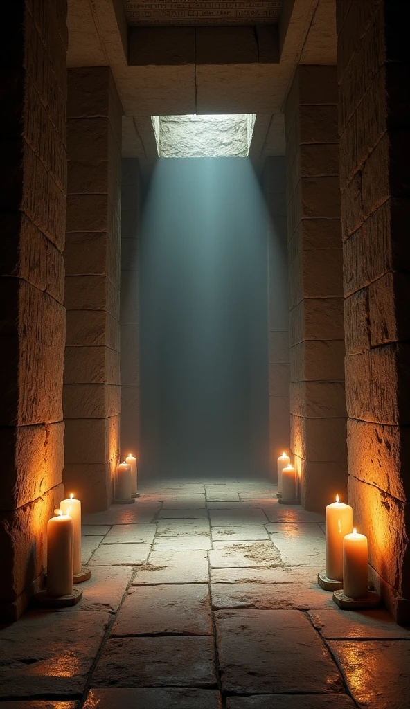 Close-up shot, Low angle shot, (A dimly lit chamber with ancient Egyptian hieroglyphics etched into the stone walls. Flickering candlelight casts eerie shadows, creating a mystical atmosphere. A faint mist hovers near the floor, adding an otherworldly feel. The room is filled with the aura of ancient secrets) unreal engine, cinematic, hyper-real, highly detailed, Ultra realistic HD --q 2 --v 6.1 --ar 9:16  