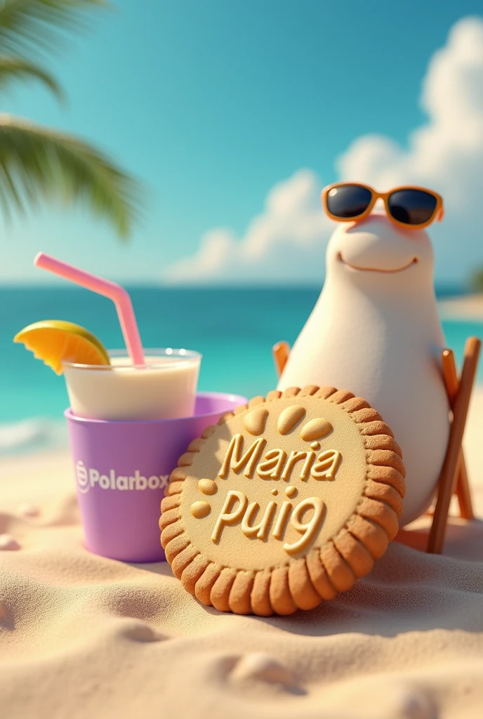 A thin, embossed cookie has Maria Puig written on it, sitting on the beach in a chair with sunglasses on, next to it is a glass of milk in the shape of a piña colada, next to it is a purple ice bucket with polarbox written on it.