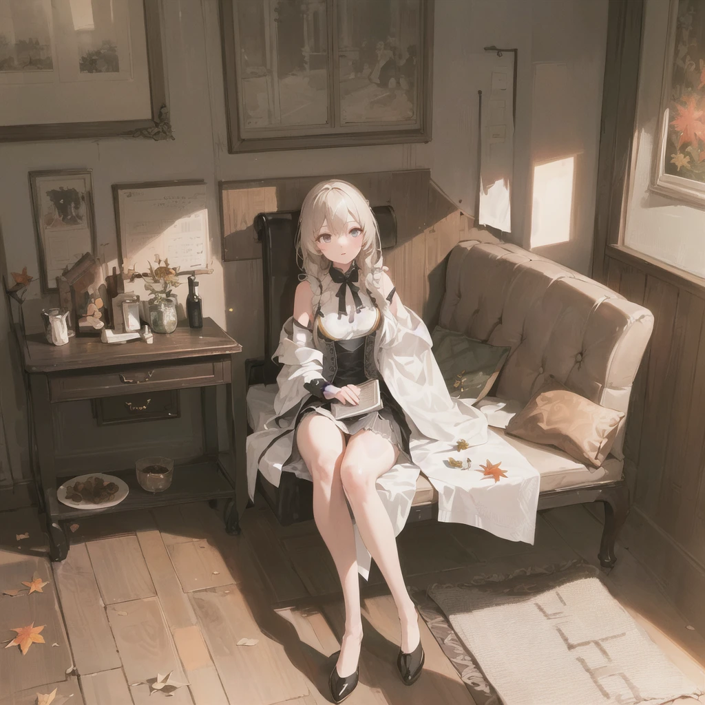 a girl sitting on a chair, (holding a book), contemplative expression, autumn scenery through a window, warm lighting, detailed facial features, realistic, 1 girl, detailed dress, soft focus, cinematic mood, (best quality,4k,8k,highres,masterpiece:1.2),ultra-detailed,(realistic,photorealistic,photo-realistic:1.37),beautiful detailed eyes,beautiful detailed lips,extremely detailed eyes and face,longeyelashes,autumn leaves, cozy interior, warm color palette, soft lighting, introspective pose