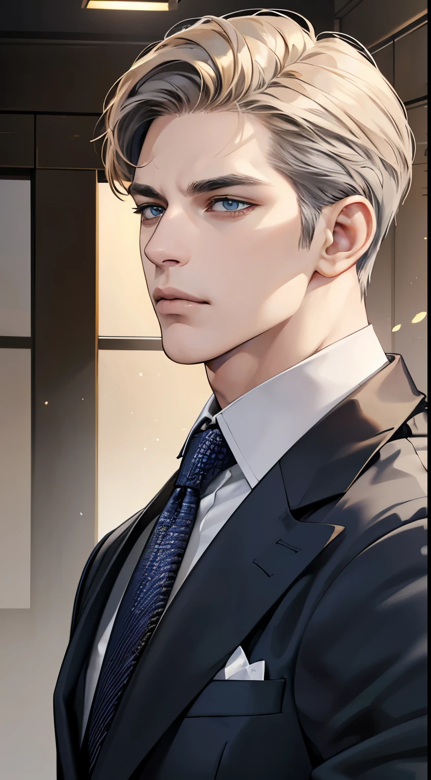 (best quality, masterpiece, 8K, photorealistic, cinematic lighting, hdr image, ultra detailed, beautiful image), 1 man, 3, mature man, very handsome, (without expression, serious), short golden hair, blue grey eyes ( penetrating gaze), perfect face without errors, imposing posture, without errors, businessman, office background