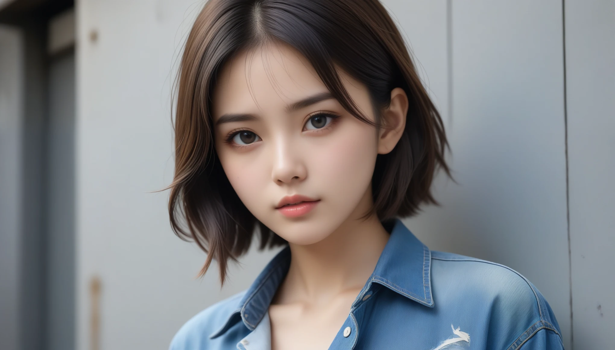 8k, Ultra-high resolution, Highest quality, masterpiece, 三分割法によるphotograph,Surreal, photograph, 1 , (:1.3), cute, cute顔, 細部までBeautiful Eyes, 細かくdetailedに,masterpiece,One Girl:1.2,Japanese women,student,cowboy shot,glaring,Black short hair,messy hair,from side,(Denim shirt:1.3),Leaning against the wire mesh,Glare,Blue Collar,Factory wall,Bleach Bypass,(Beautiful attention to detail),Subtle details, detailedな顔,anger,Attractive eyes,(ポートレートphotograph:1.4),(Photorealistic images:1.4),Fantasy art,(Beautiful Face:1.4),美しくAttractive eyes、Beautiful Eyes,(Tight waist:1.4)、(Beautiful with perfect body proportions:1.4),Pink Lips,profile,(((Ideal body type))),A-cup small breasts :2,、Portraiture:2、Perfect Anatomy、鮮明なdetailed、detailed,Fashion magazine cover,Thin lips,完璧でBeautiful Face ,完璧でcute顔, Skin with attention to detail, Perfect limbs、Narrow waist,Surreal,Light and shadow,backlighting