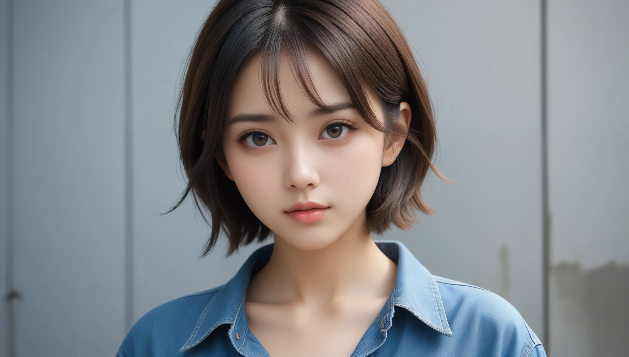 8k, Ultra-high resolution, Highest quality, masterpiece, 三分割法によるphotograph,Surreal, photograph, 1 , (:1.3), cute, cute顔, 細部までBeautiful Eyes, 細かくdetailedに,masterpiece,One Girl:1.2,Japanese women,student,cowboy shot,glaring,Black short hair,messy hair,from side,(Denim shirt:1.3),Leaning against the wire mesh,Glare,Blue Collar,Factory wall,Bleach Bypass,(Beautiful attention to detail),Subtle details, detailedな顔,anger,Attractive eyes,(ポートレートphotograph:1.4),(Photorealistic images:1.4),Fantasy art,(Beautiful Face:1.4),美しくAttractive eyes、Beautiful Eyes,(Tight waist:1.4)、(Beautiful with perfect body proportions:1.4),Pink Lips,profile,(((Ideal body type))),A-cup small breasts :2,、Portraiture:2、Perfect Anatomy、鮮明なdetailed、detailed,Fashion magazine cover,Thin lips,完璧でBeautiful Face ,完璧でcute顔, Skin with attention to detail, Perfect limbs、Narrow waist,Surreal,Light and shadow,backlighting