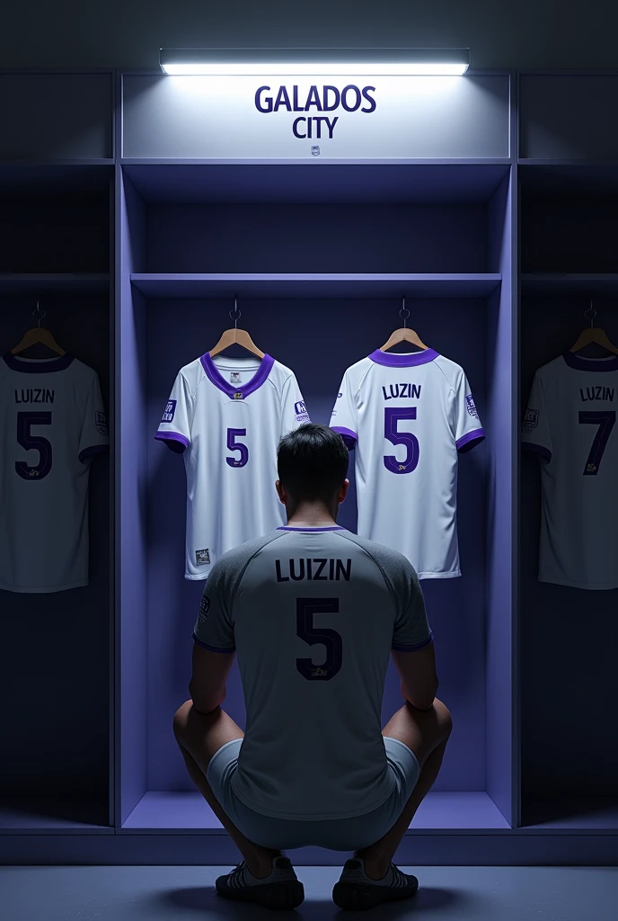 football locker room with a football player&#39;s cabin in this cabin there will be a white shirt with purple details (minimalists) on the collar and at the tip of the sleeve the shirt must be showing the back with the name LUIZIN highlighted and the shirt number must be number 5, the cabin at the top must contain the name of the club which is GALADOS CITY, all ambient light must be off, only the light of the sign with the name GALADOS CITY and a low light above the shirt indicating prominence must be on, and other shirts on the side.The image should be centered and not too far away) and the player with slightly dark skin, short straight black hair and a beard showing that he cares about the current fashion style must be wearing pre-game clothes different from the shirt that is hanging in the locker room, the one he is wearing is gray with purple details on the sleeve and collar of the shirt and on the shorts, the player in the image must be on his knees with his head down (indicating pre-game concentration)