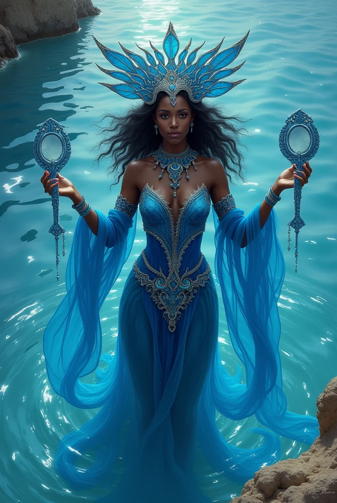 Black-skinned female orixa Yemanja in blue clothing with her blue mirrors in the saltwater sea with her beautiful mermaid tiara