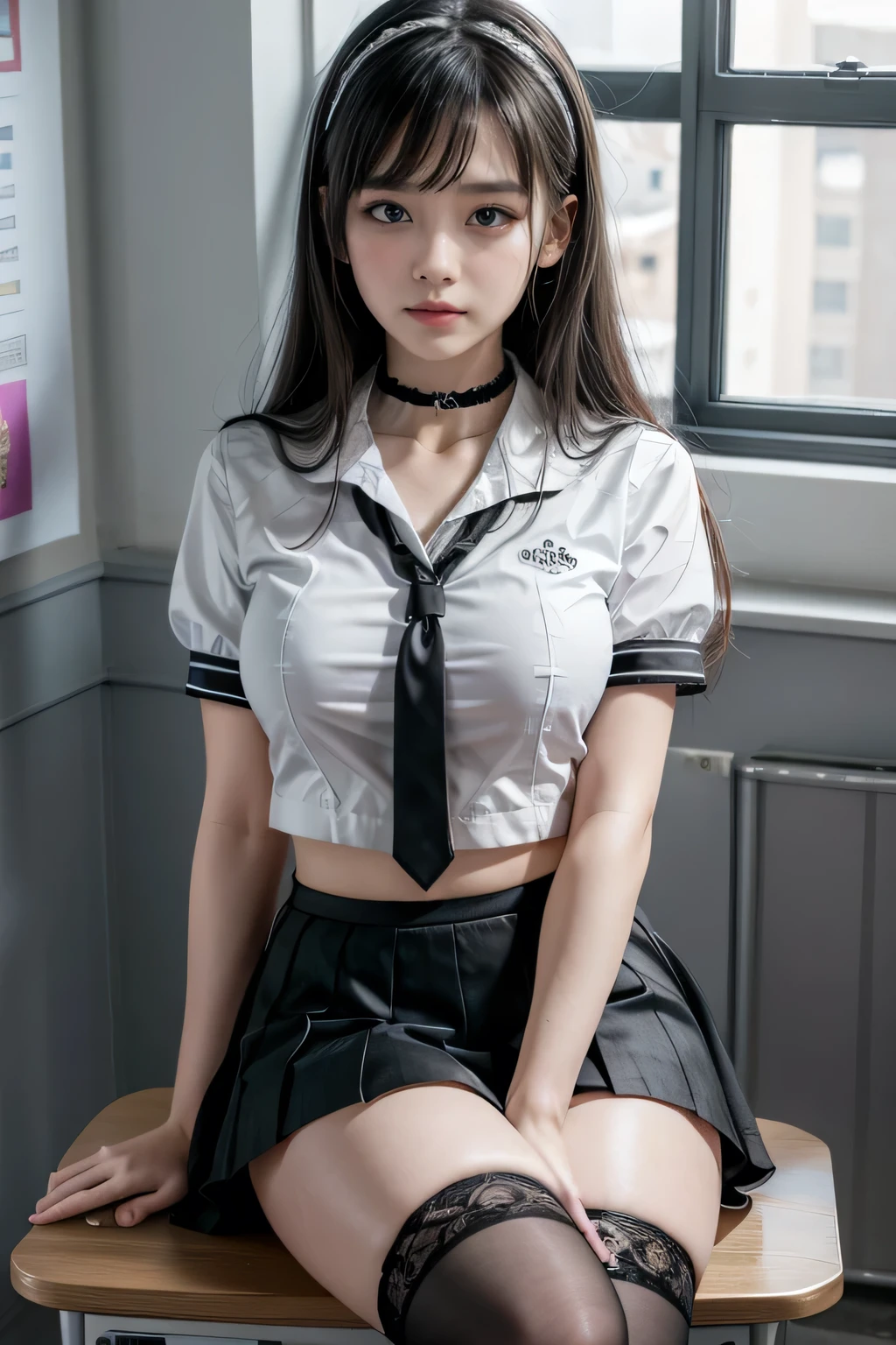 , School girl, white and black uniform, white and black skirt, black lace choker, white lace thigh highs, looking at viewer, class room background, sitting on desk, seductive, dark eyeliner, sexy eyeliner, 