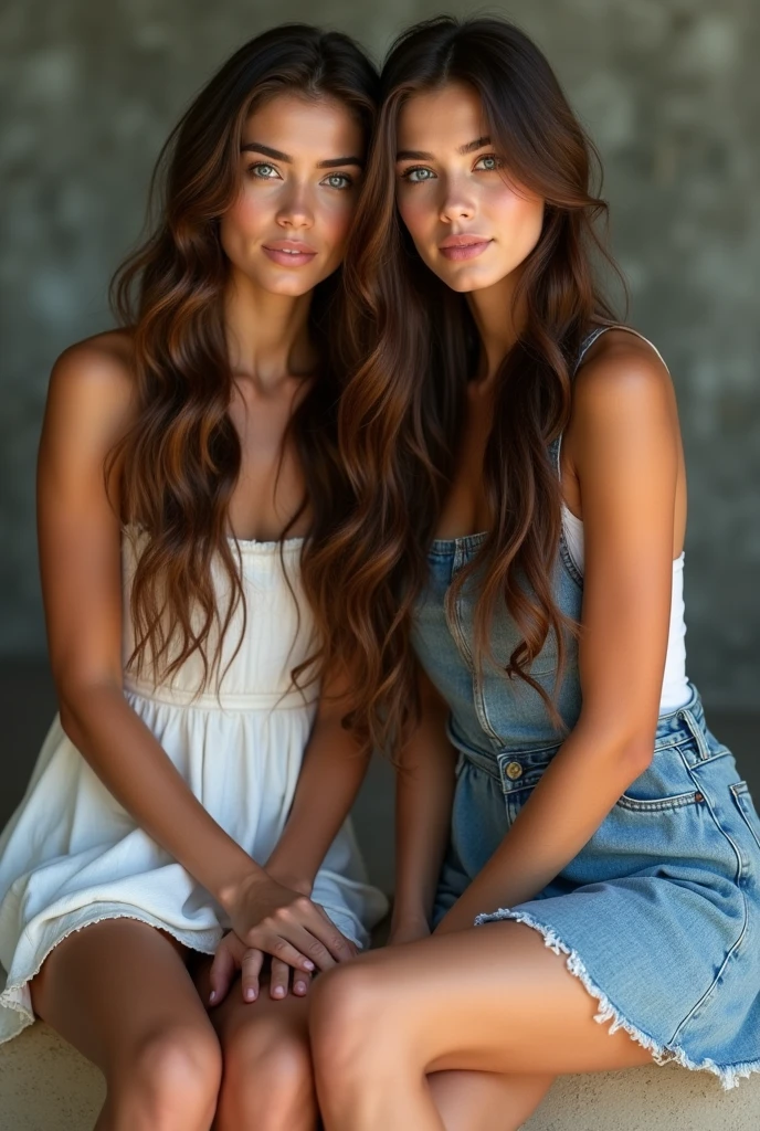 photorealistic full body of a 2 latina girl with long, flowing Brown hair and striking Blue eyes. sit on a wall. wearing random dress. Natural skin. She should have a natural, smiling approchableexpression and sexy. The background should be random